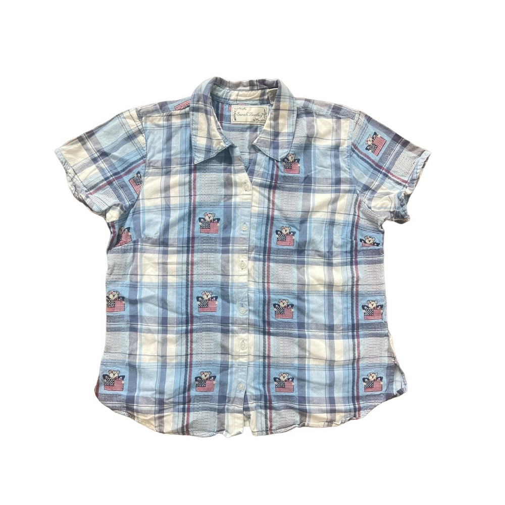 Sarah Bentley Shirt American Flag Bear July 4th Button Up Women's Size XL Blue‎